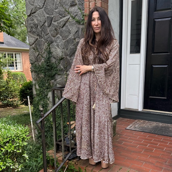 SILK BLEND BOHO Geometric Patterned Brown Maxi Dress - Picture 3 of 8